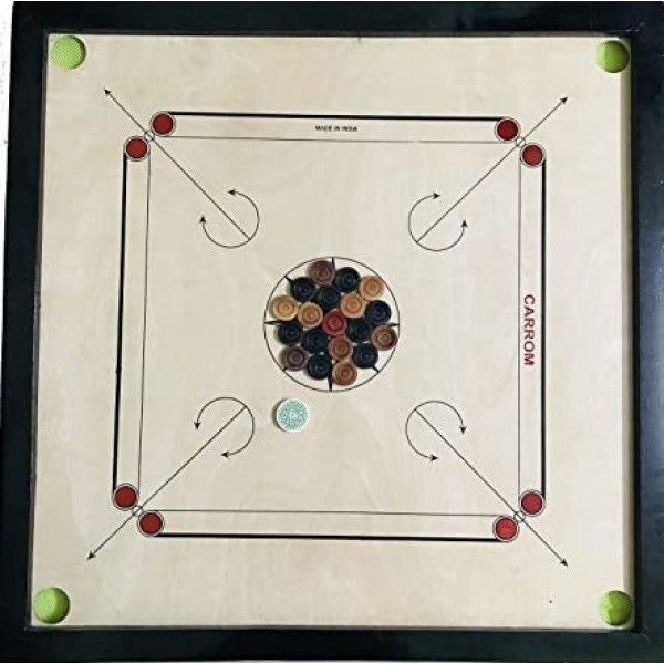 Altis Wooden Carrom Board 32 Inches (Large) Size in 5mm Ply and 1.5 Inch Border with Coins, 2 Striker and Powder Free
